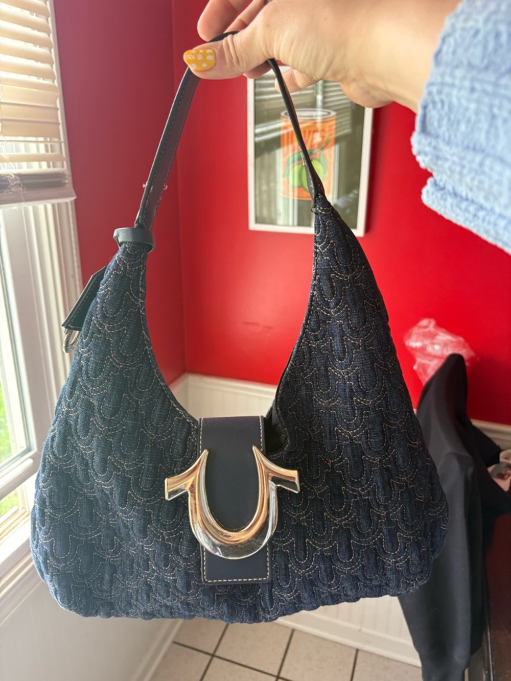 True Religion Black Quilted Shoulder Bag with Silver Horseshoe